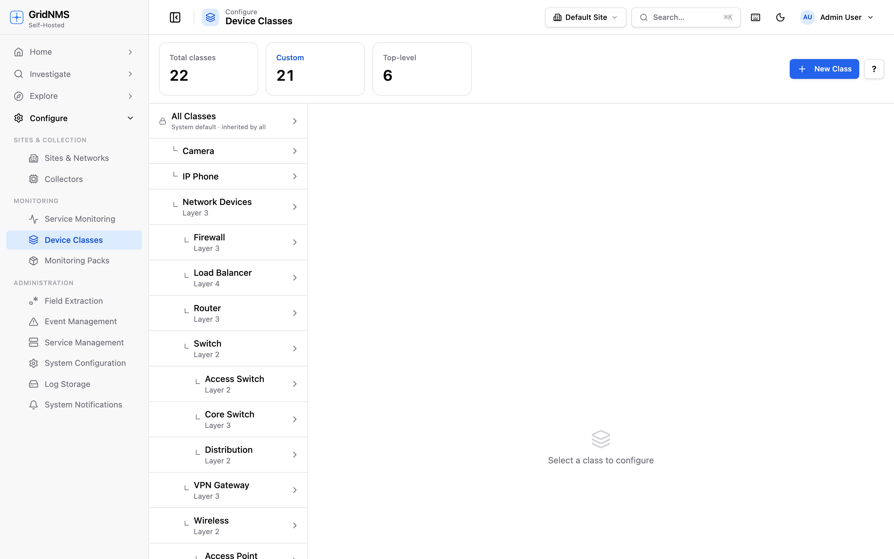 The Device Classes page with the class tree on the left and the detail panel on the right