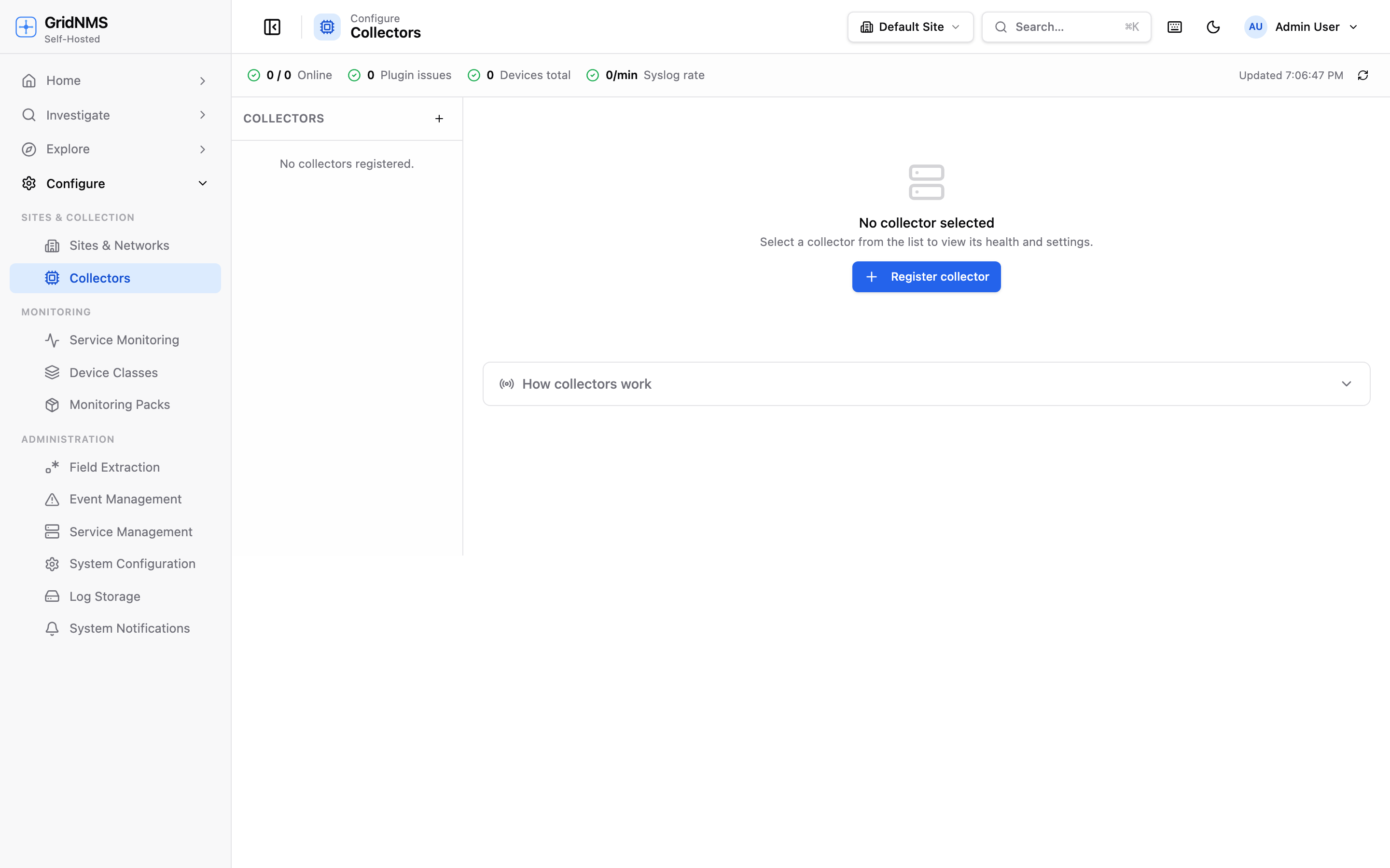 The Collectors page, where you add and manage collectors