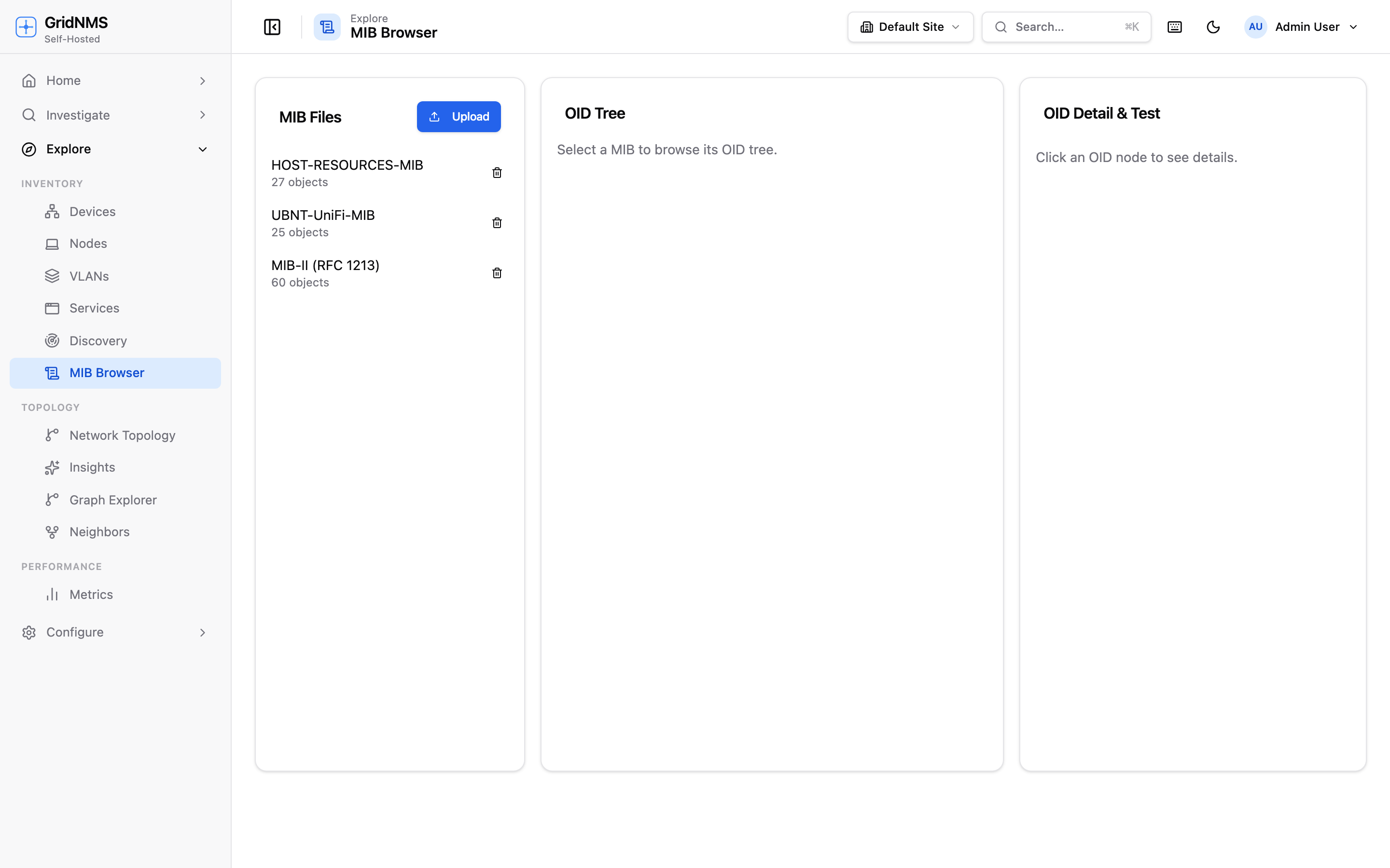 The MIB Browser with the file list, OID tree, and detail/test panel