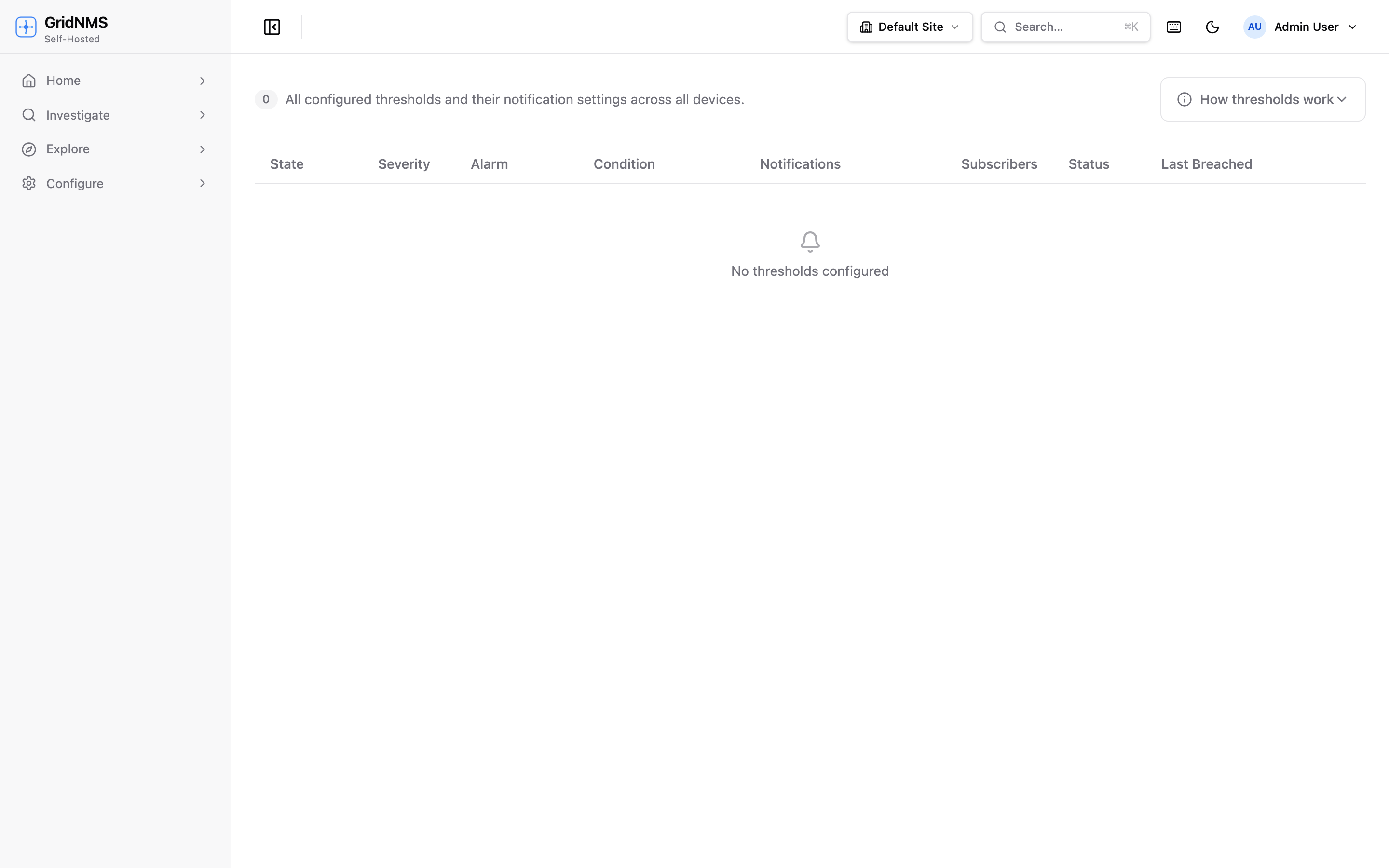 The thresholds configuration page